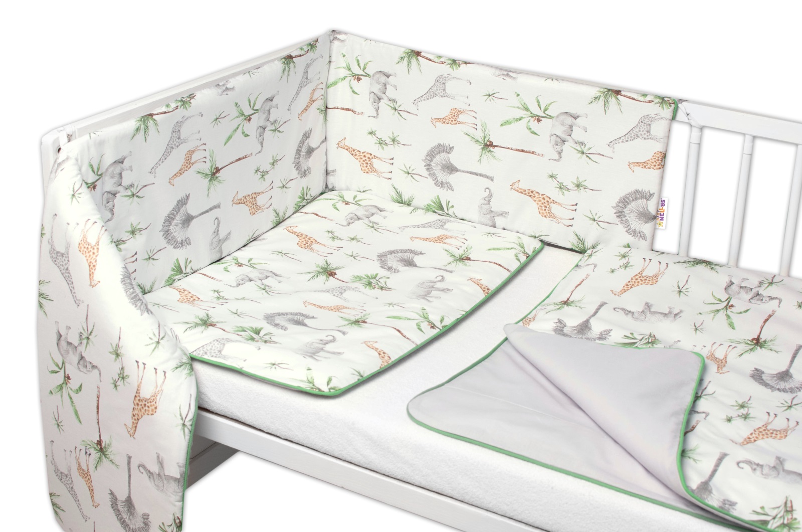 3-dielna sada mantinel s obliečkami Baby Nellys Safari - biela s potlačou/zelená,135x100cm