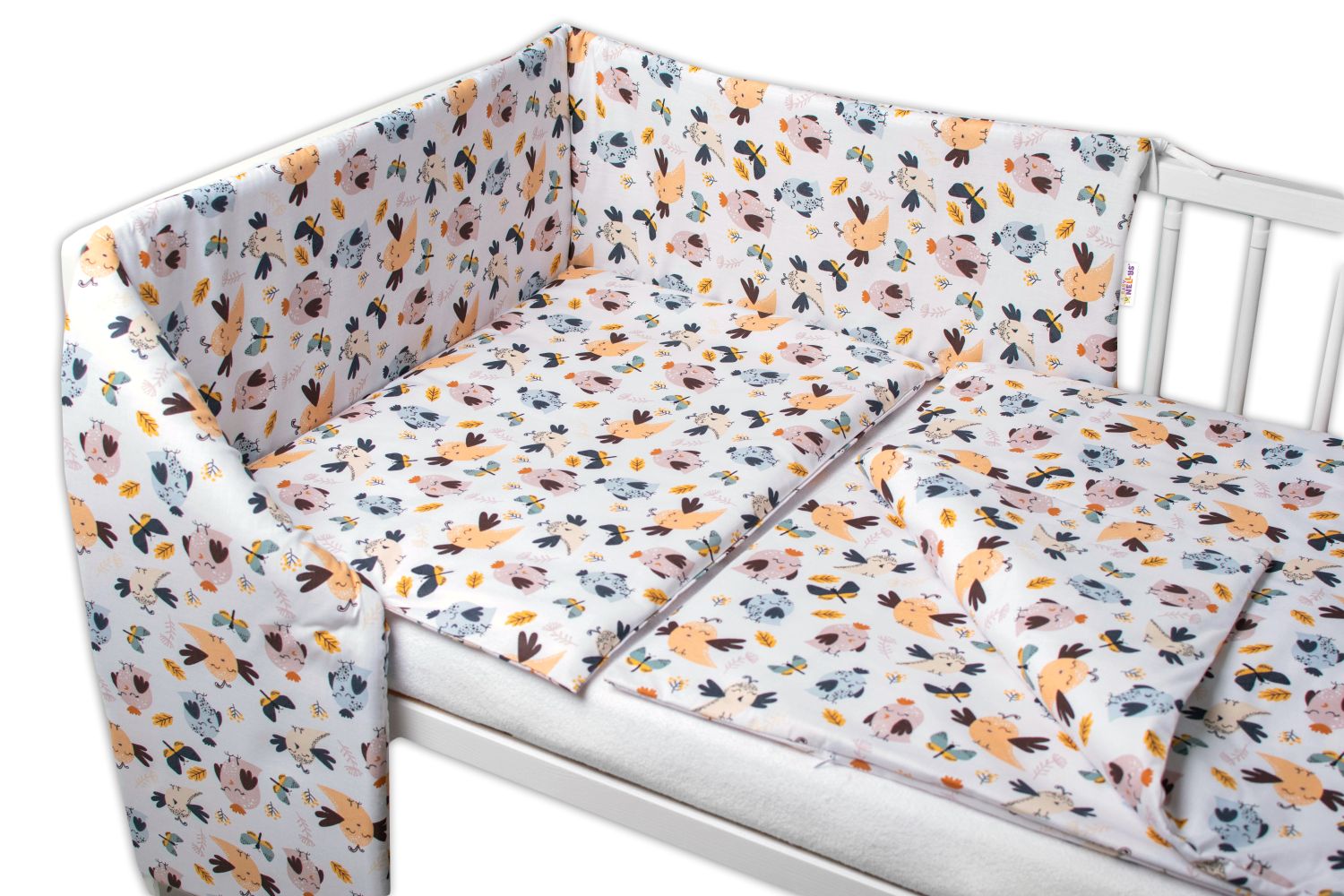 3-dielna sada - mantinel s obliečkami Vtáčiky a Vážky - biela, 120x90 cm