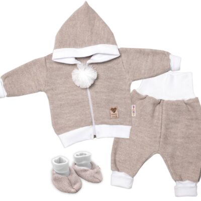 3-dielna súprava Hand made, pletený kabátik, kalhoty a topánky, béžová, veľ.68