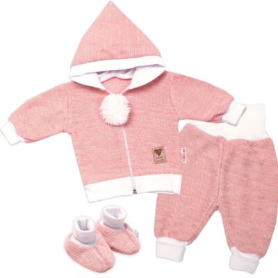 3-dielna súprava Hand made, pletený kabátik, kalhoty a topánky, ružová,veľ. 68