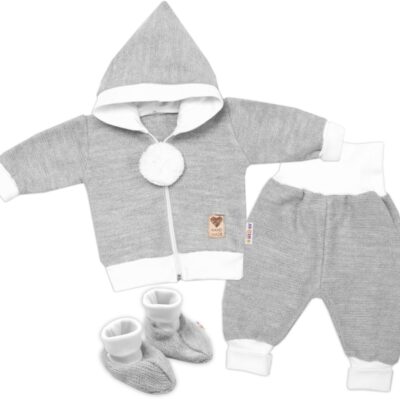 3-dielna súprava Hand made, pletený kabátik, kalhoty a topánočky, sivá, veľ.62