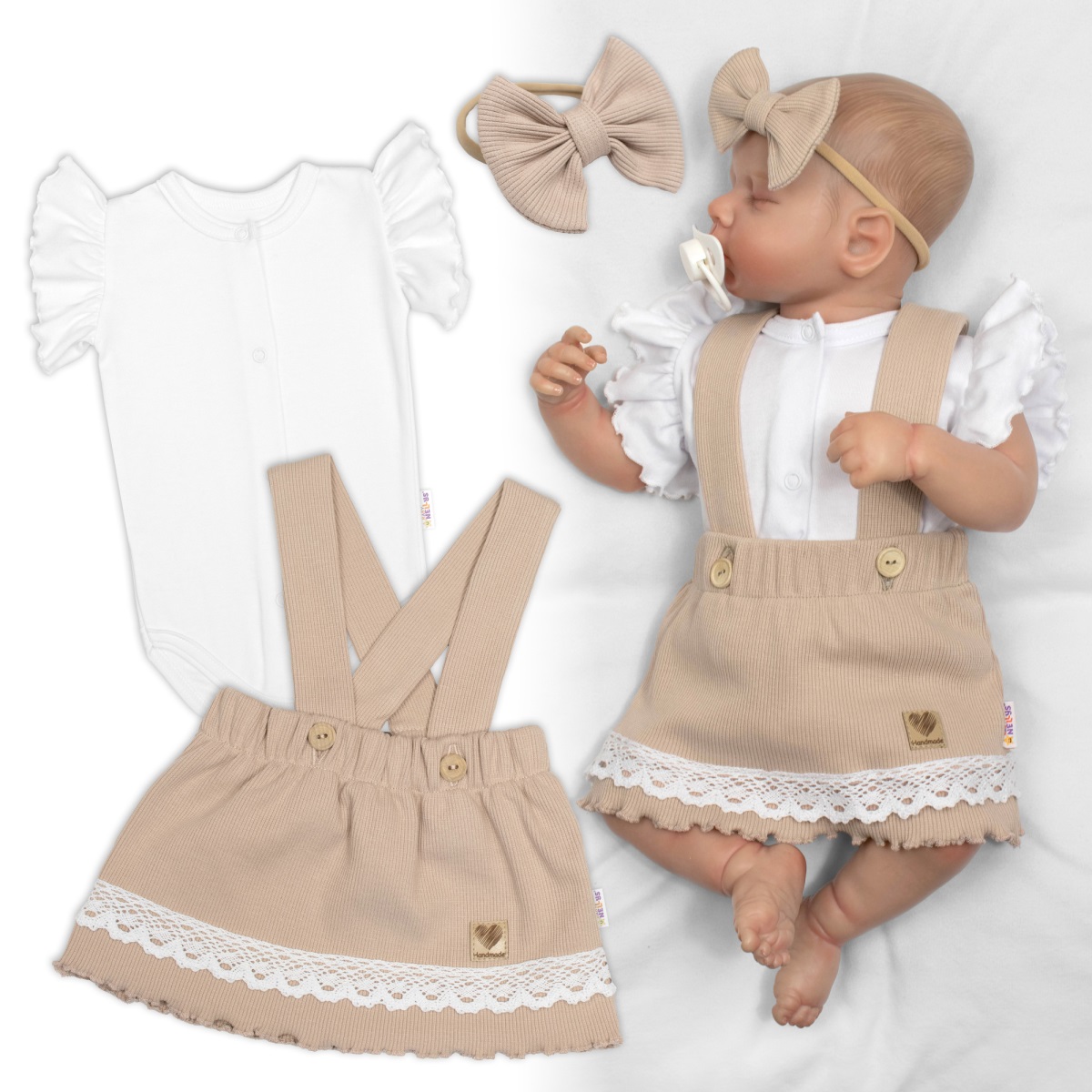 3D súprava LADY, bavlna, body kr. rukáv, suknička s láclom, čelenka, béžová/biela