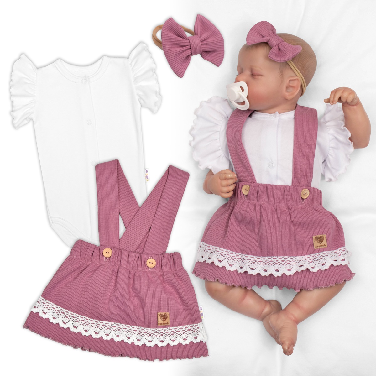 3D súprava LADY, bavlna, body kr. rukáv, suknička s láclom, čelenka, orgovánová/biela