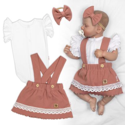 3D súprava LADY, bavlna, body kr. rukáv, suknička s láclom, čelenka, staroružová/biela, 68