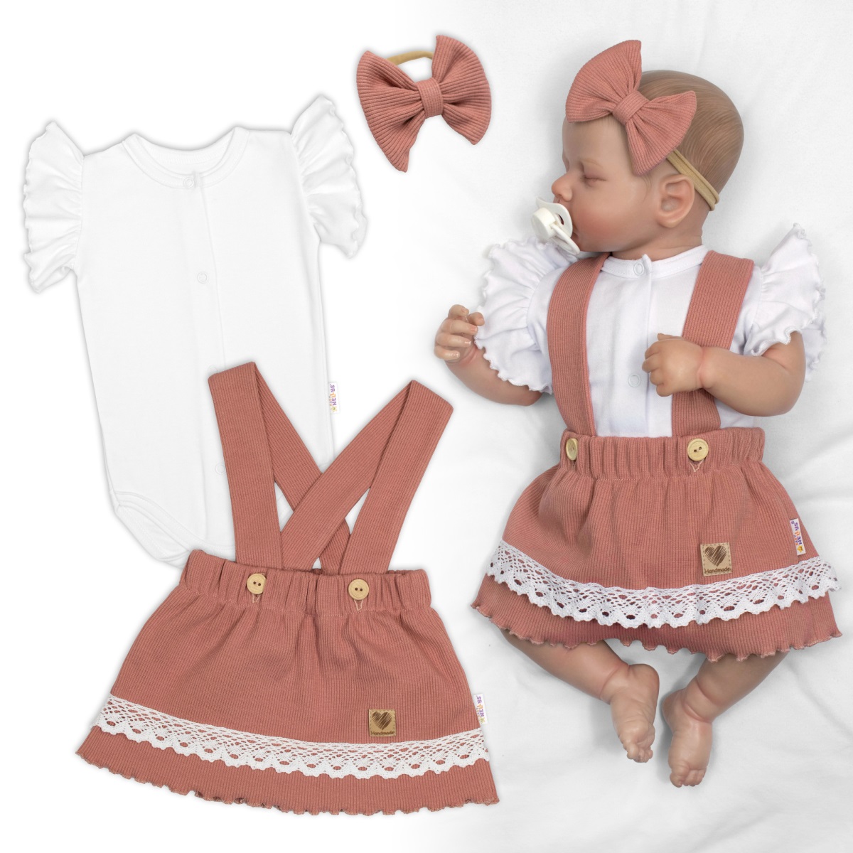 3D súprava LADY, bavlna, body kr. rukáv, suknička s láclom, čelenka, staroružová/biela, 74