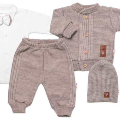 5-dielna pletená sada Baby Nellys, Boy, body, nohavice, sveter, čiapka, motýlik, béžová,62