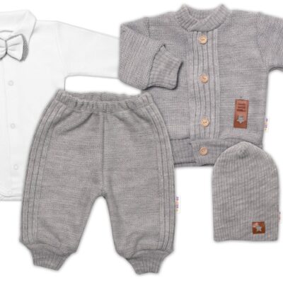 5-dielna pletená sada Baby Nellys, Boy, body, nohavice, sveter, čiapka, motýlik - šedá,68