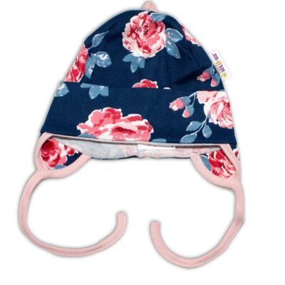 Baby Bavlnená čiapočka s uškami na zaväzovanie - Ruže, pudrová/granát