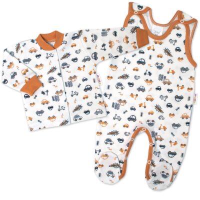 Baby Nellys 2-dielna sada, bavlnené dupačky s košieľkou Car, smotanové