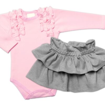 BABY NELLYS 2-dielna sada, body dl.rukáv + suknička Dance Baby, ružová/sivá, veľ. 98