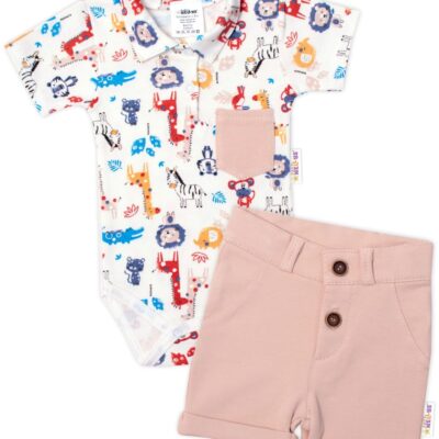 Baby Nellys 2-dielna sada body kr. rukáv, kraťasky, Safari - ecru/béžová
