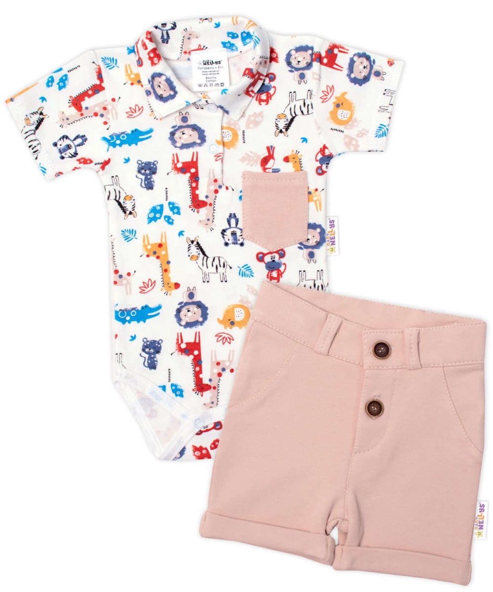 Baby Nellys 2-dielna sada body kr. rukáv, kraťasky, Safari - ecru/béžová, veľ. 86