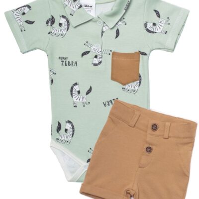 Baby Nellys 2-dielna sada body kr. rukáv, kraťasky, Zebra - mätová, hnedá, veľ. 98