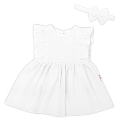 Baby Nellys 2-dielna sada mušelínove šatočky + čelenka, biela, veľ. 68