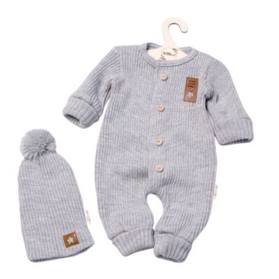 Baby Nellys 2-dielna sada Pletený overálek STAR + čiapky Hand Made, sivý, veľ. 80/86