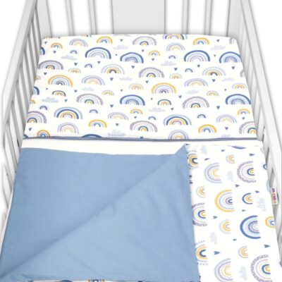 Baby Nellys 2-dielne bavlnené obliečky - Dúha, pastelová s potlačou/modrá