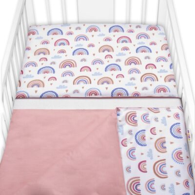 Baby Nellys 2-dielne bavlnené obliečky - Dúha, pastelová s potlačou/púdrová