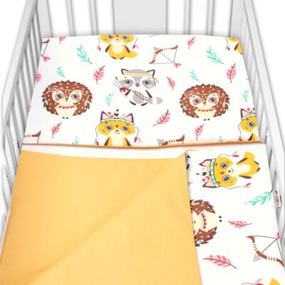 Baby Nellys 2-dielne bavlnené obliečky Ježko Líška-biela s potlačou/horčicová,135x100cm