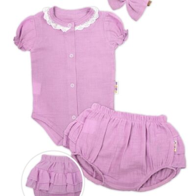 Baby Nellys 3-dielna mušelínová súpravička, body, kraťasky+čelenka GIRL, lila, veľ. 74