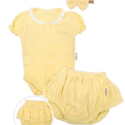 Baby Nellys 3-dielna mušelínová súpravička, body, kraťasky+čelenka GIRL, žltá, veľ. 74