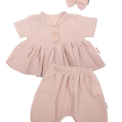 Baby Nellys 3-dielna mušelínová súpravička, tunika/blúzka, kraťasky, čelenka, béžová
