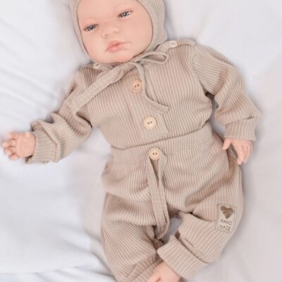 Baby Nellys 3-dielna rebrovaná súpr. Hand Made, body, tepláčiky a čiapočka, béžová