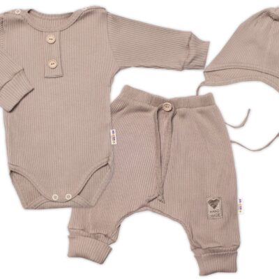 Baby Nellys 3-dielna rebrovaná súpr. Hand Made, body, tepláčiky a čiapočka, béžová, veľ.68