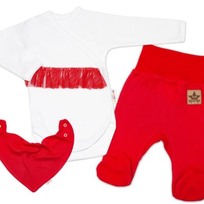 Baby Nellys 3-dielna sada Body dl. rukáv s tutu, šatka, polodupačky,červená,biela, veľ.62