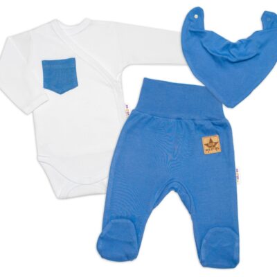 Baby Nellys 3-dielna sada Body dl. rukáv s vreckom, šatka, polodupačky, modrá, biela