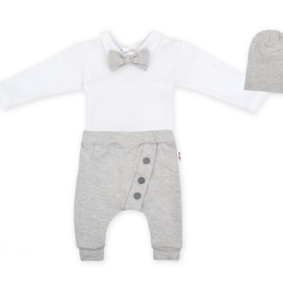 Baby Nellys 3-dielna sada Hubert, body s motýlikom dl.rukáv, tepláčiky a čiapočka - sivá