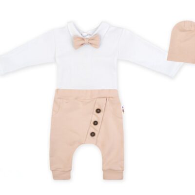 Baby Nellys 3-dielna sada Hubert, body s motýlikom, tepláčiky a čiapočka - béžový, veľ. 98