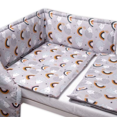 Baby Nellys 3-dielna sada Mantinel s obliečkami - Ježek a dúha, sivé