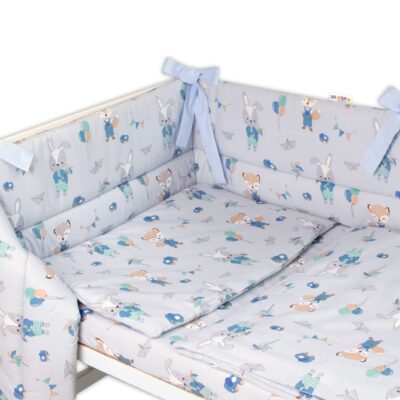 BABY NELLYS 3-dielna sada mantinel s obliečkami, Líška a zajac, modré, 135x100 cm