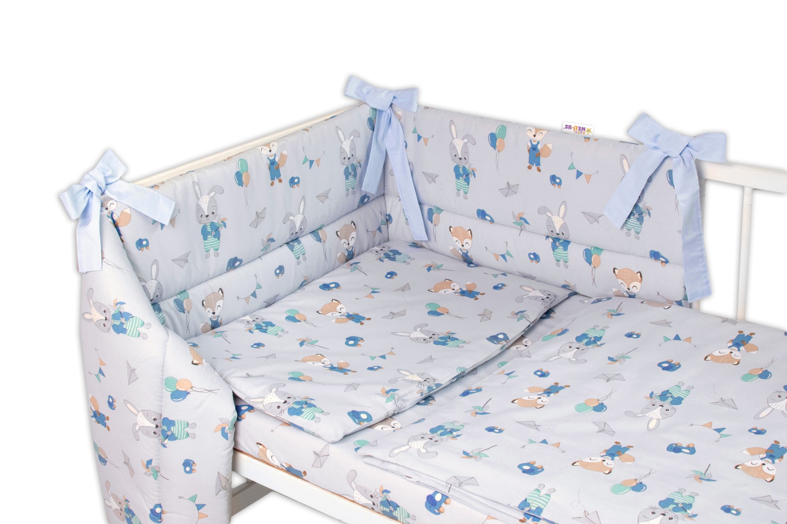 BABY NELLYS 3-dielna sada mantinel s obliečkami, Líška a zajac, modré