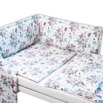 Baby Nellys 3-dielna sada Mantinel s obliečkami - Ružičky, biele