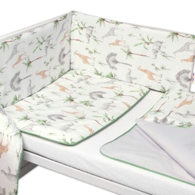 Baby Nellys 3-dielna sada mantinel s obliečkami Safari - biela s potlačou/zelená