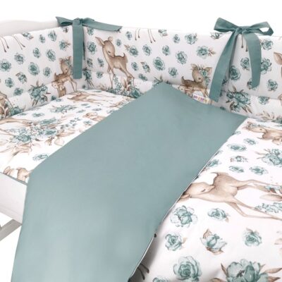 BABY NELLYS 3-dielna sada mantinel s obliečkami, Srnka a růže - mätová, 135x100 cm