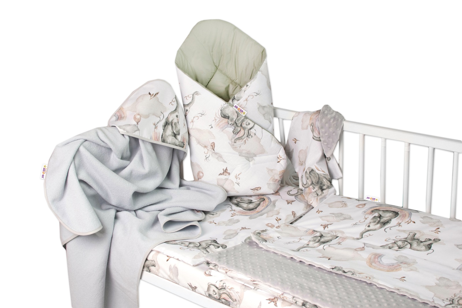 Baby Nellys: 6-dielny set Slon a Dúha (biela/olivová)