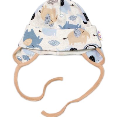 Baby Nellys Bavlnená čiapočka na zaväzovanie, Sloníci, bežová/modrá, veľ. 62/68