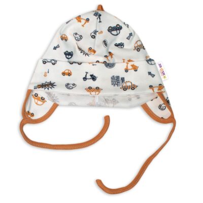 Baby Nellys Bavlnená čiapočka s uškami na zavazování- Car, smotanová / hnedá