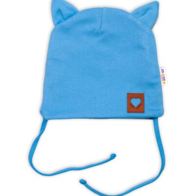 Baby Nellys Bavlnená dvojvrstvová čiapka s uškami na zaväzov., FOX - modrá, veľ. 80/86