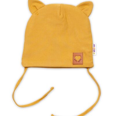 Baby Nellys Bavlnená dvojvrstvová čiapka s uškami na zaväzovanie, FOX - horčicová