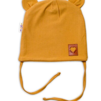 Baby Nellys Bavlnená dvojvrstvová čiapka s uškami na zaväzovanie, TEDDY - horčicová, 40-42