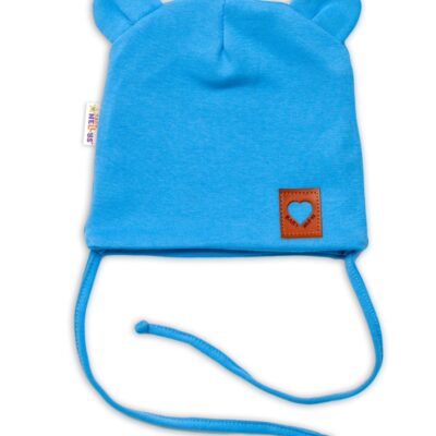 Baby Nellys Bavlnená dvojvrstvová čiapka s uškami na zaväzovanie, TEDDY - modrá, 68/74