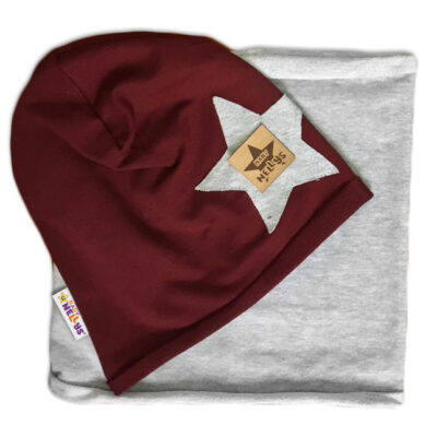 Baby Nellys Bavlnená sada čiapočka a nákrčník Nelly Star - bordo s sivu, vel. 116