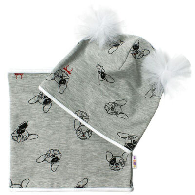 Baby Nellys Bavlnená sada čiapočka s tutu a nákrčník Psíci - šedá, ekri vel. 110