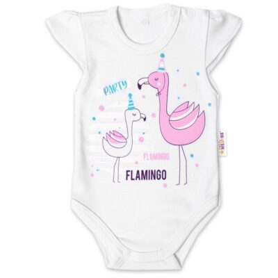 Baby Nellys Bavlnené dojčenské body, kr. rukáv, Flamingo - biele