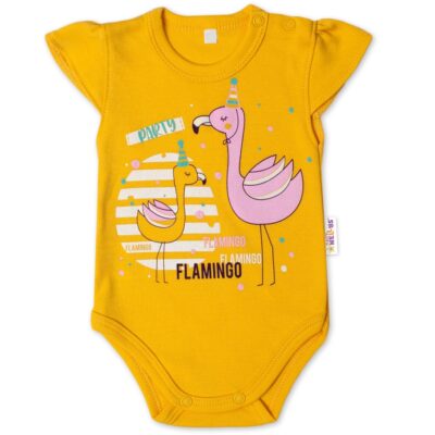 Baby Nellys Bavlnené dojčenské body, kr. rukáv, Flamingo - horčicove, veľ. 74