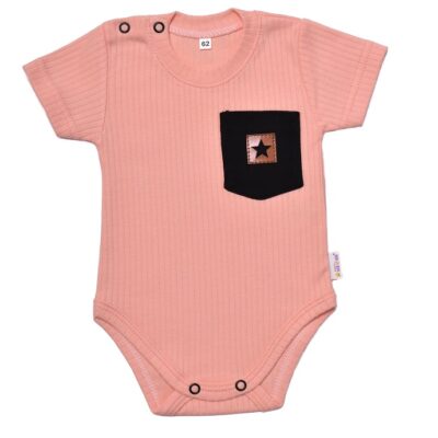 Baby Nellys Bavlnené rebrované body s kapsičkou, kr. rukáv, Summer Boy, marhuľové, veľ.68