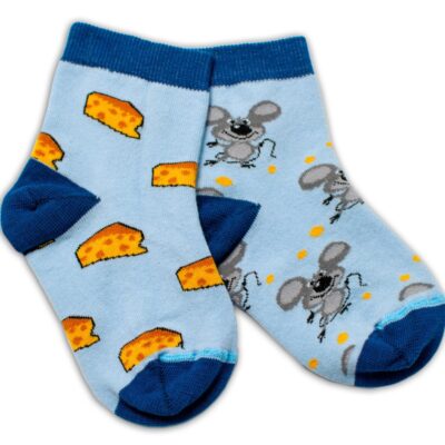 Baby Nellys Bavlnené veselé ponožky Myška a syr - svetlo modré, veľ. 122/128